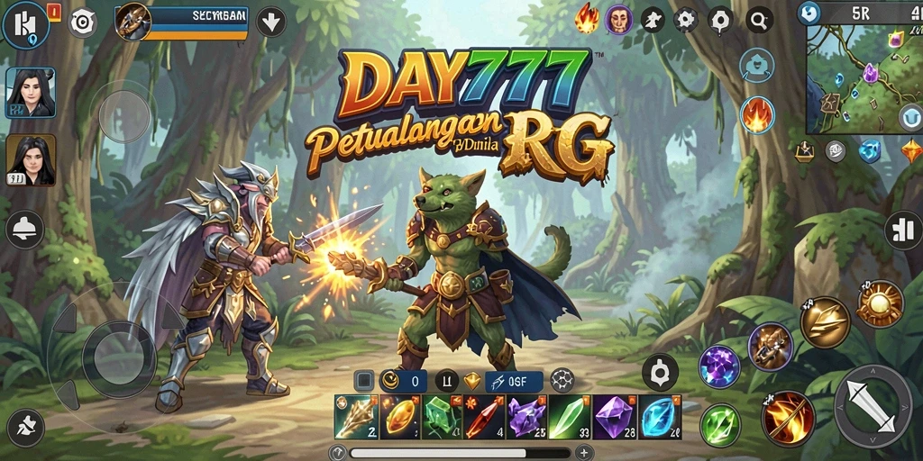 Screenshot utama DAY777 menampilkan adegan pertarungan seru antara para pahlawan.