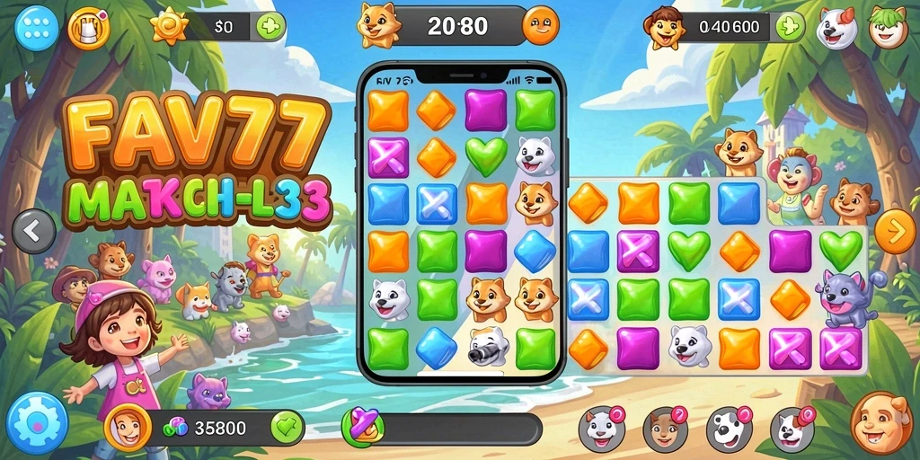 Tampilan gameplay seru dalam FAV77, game Match-3 penuh warna.