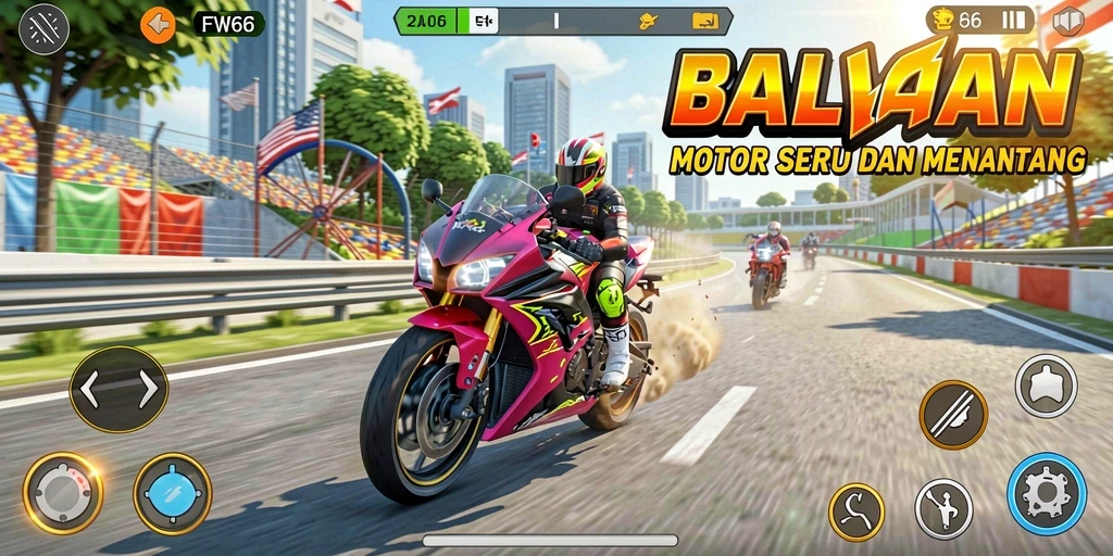 Screenshot utama FW66 menampilkan balapan motor yang mendebarkan di trek yang menantang.