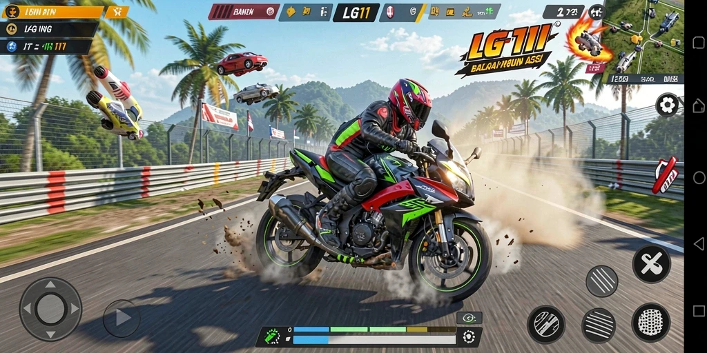 Screenshot gameplay LG111 menunjukkan aksi balapan motor yang mendebarkan.