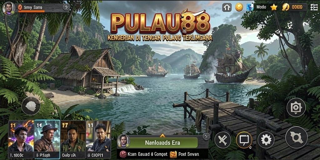 Gameplay PULAU88 menampilkan suasana mencekam di pulau yang tertutup kegelapan.