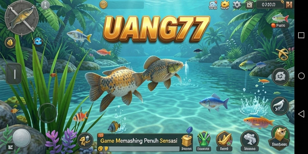 Screenshot gameplay UANG77 yang menampilkan berbagai ikan dan alat pancing.