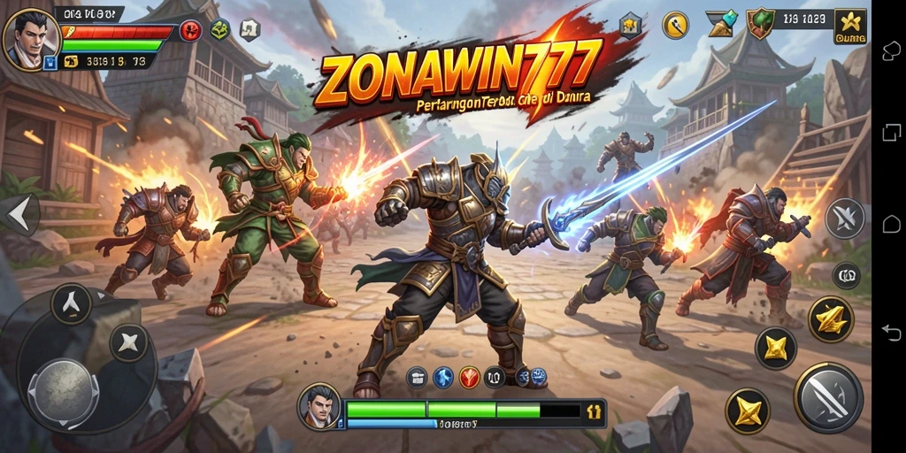 Tampilan gameplay ZONAWIN777 dengan karakter bertarung di arena.